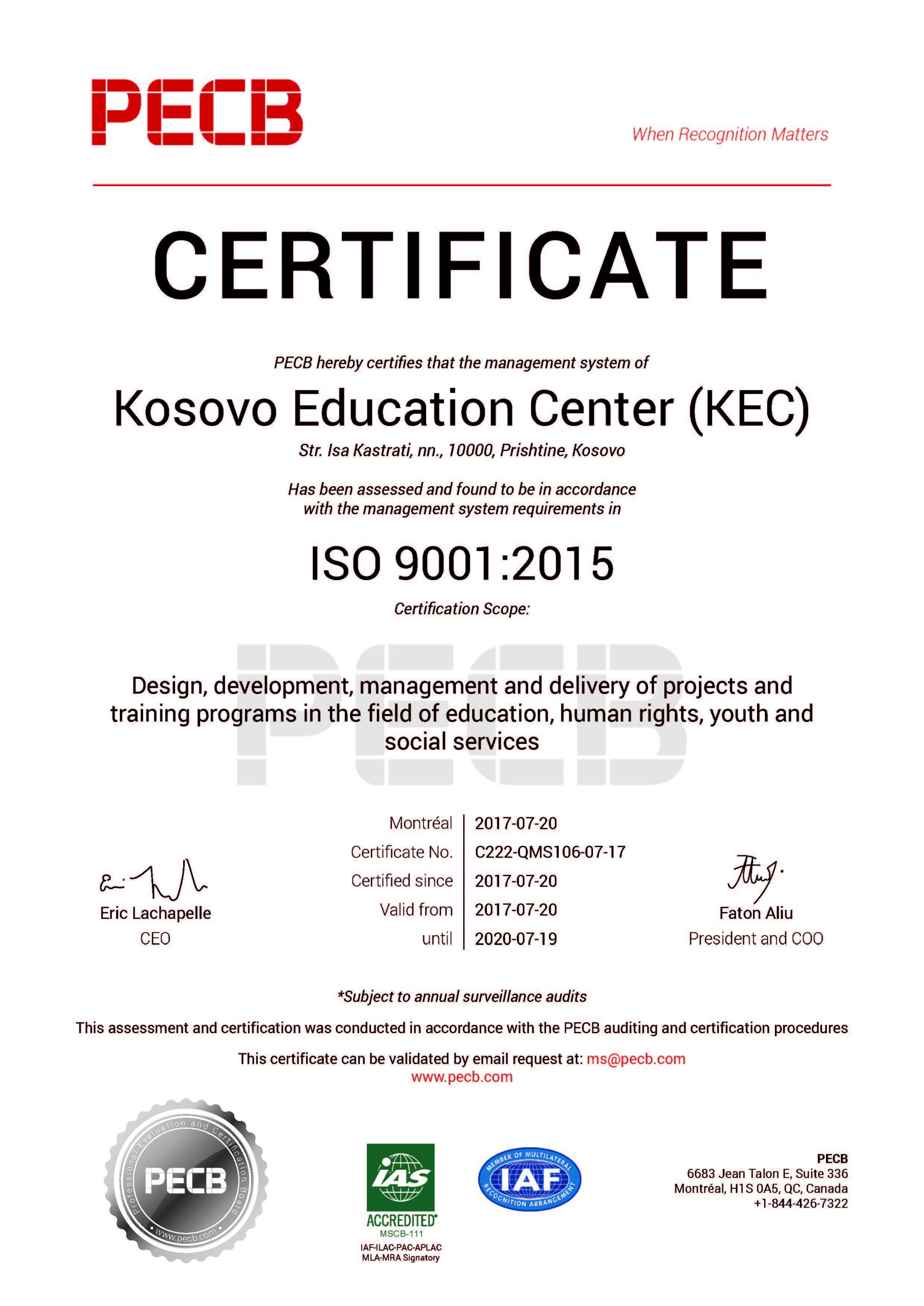 KEC is certified for ISO 9001:2015
