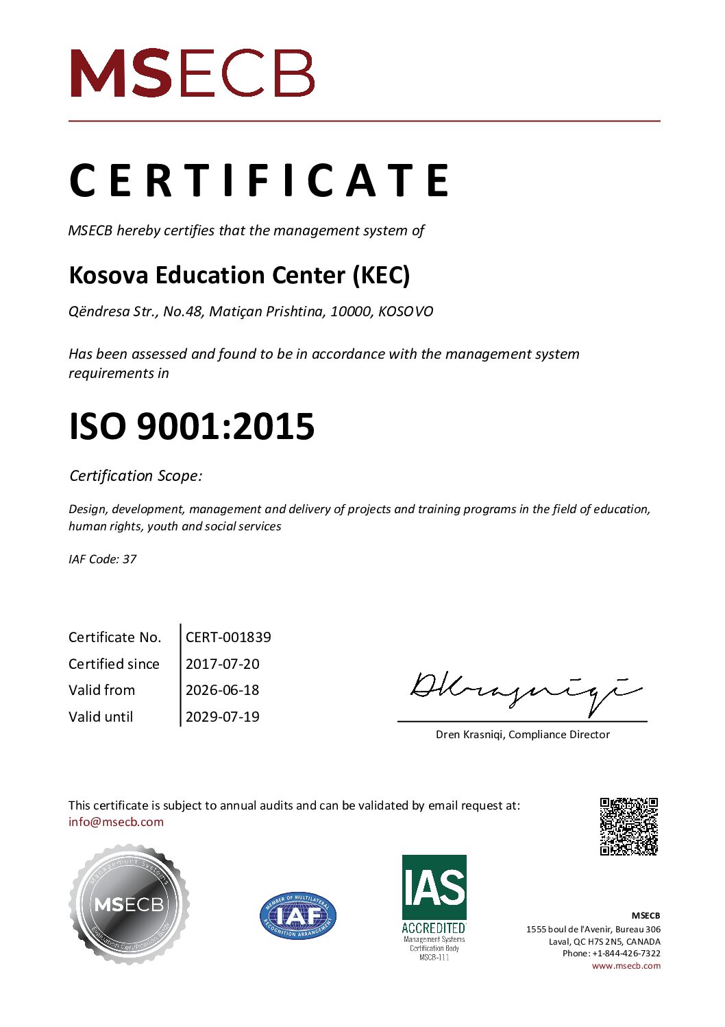 KEC ricertifikohet me standardin ndërkombëtar ISO 9001:2015